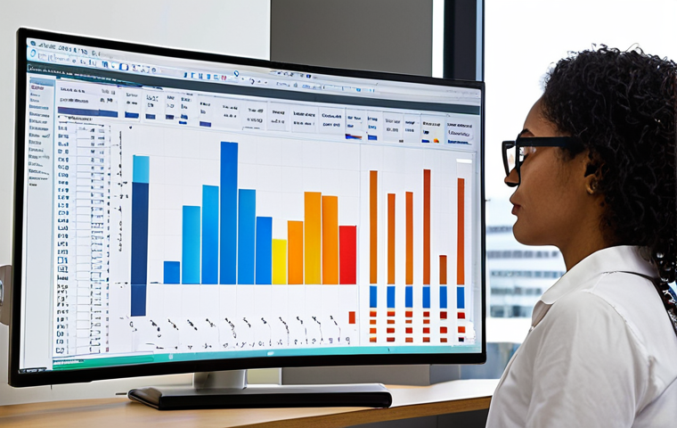** Data exploration & visualization. A vibrant scene depicting a data scientist examining various types of data visualizations (histograms, scatter plots, box plots) on a large monitor. The setting is a bright, modern office. Emphasis on understanding data patterns and feature selection. Seaborn and Matplotlib libraries are good to consider in the image
**