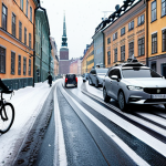 **Prompt:** Self-driving car navigating a busy Stockholm street scene in light snowfall, using lidar and camera sensors. Focus on advanced computer vision recognizing pedestrians, cyclists, and Gamla Stan architecture. Atmospheric, slightly desaturated colors.