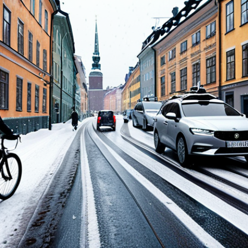 **Prompt:** Self-driving car navigating a busy Stockholm street scene in light snowfall, using lidar and camera sensors. Focus on advanced computer vision recognizing pedestrians, cyclists, and Gamla Stan architecture. Atmospheric, slightly desaturated colors.
