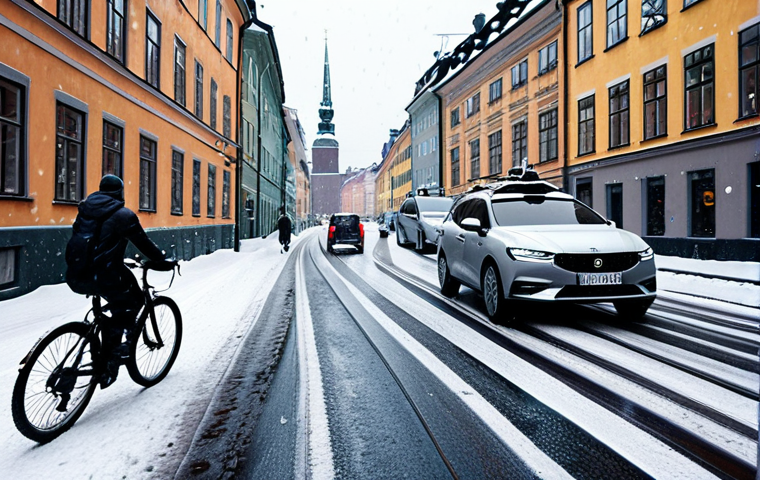 **Prompt:** Self-driving car navigating a busy Stockholm street scene in light snowfall, using lidar and camera sensors. Focus on advanced computer vision recognizing pedestrians, cyclists, and Gamla Stan architecture. Atmospheric, slightly desaturated colors.