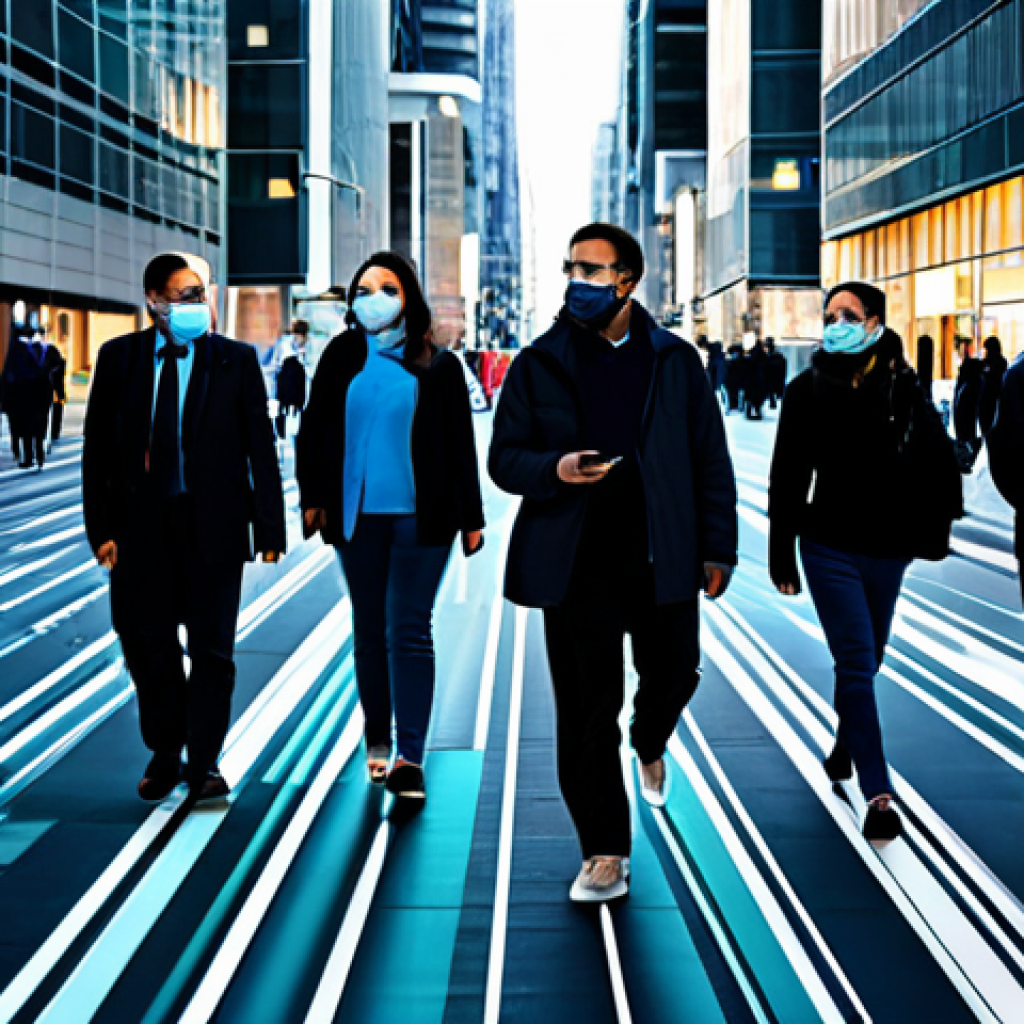 A diverse group of adults navigating a vibrant, clean, modern city center, with abstract, subtle glowing lines and digital patterns subtly overlaid on the environment, symbolizing the presence of data and interconnectedness. Each individual is fully clothed in professional, modest attire, engaged in daily activities. The scene captures the essence of contemporary urban life and the concept of privacy in a technologically advanced society. perfect anatomy, correct proportions, natural pose, well-formed hands, proper finger count, natural body proportions, safe for work, appropriate content, fully clothed, professional photography, high quality, family-friendly.