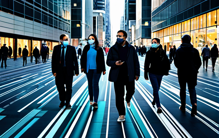 A diverse group of adults navigating a vibrant, clean, modern city center, with abstract, subtle glowing lines and digital patterns subtly overlaid on the environment, symbolizing the presence of data and interconnectedness. Each individual is fully clothed in professional, modest attire, engaged in daily activities. The scene captures the essence of contemporary urban life and the concept of privacy in a technologically advanced society. perfect anatomy, correct proportions, natural pose, well-formed hands, proper finger count, natural body proportions, safe for work, appropriate content, fully clothed, professional photography, high quality, family-friendly.
