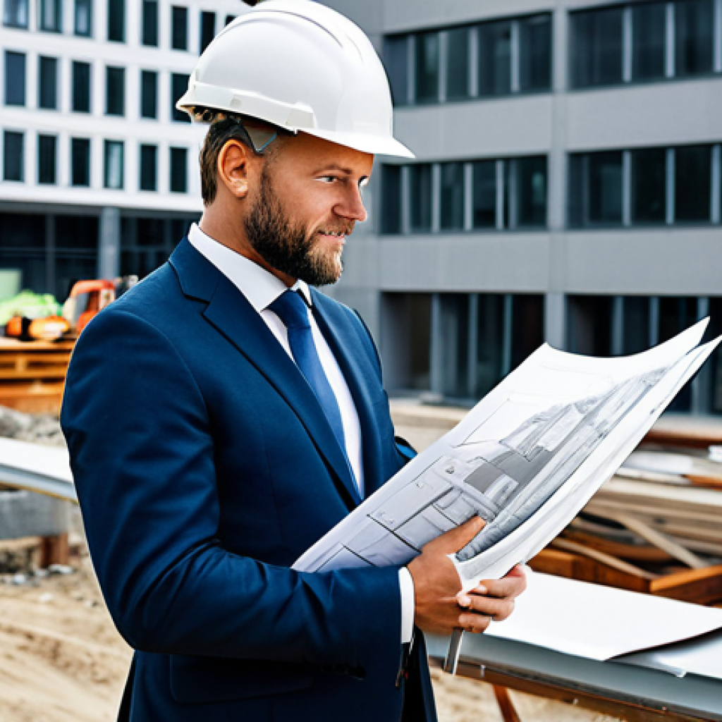 ** "A professional architect, fully clothed in modest business attire, reviewing blueprints at a construction site in Stockholm, Sweden. Modern building with clean lines in the background. Safe for work, appropriate content, perfect anatomy, natural proportions, family-friendly, professional photograph, high quality." **