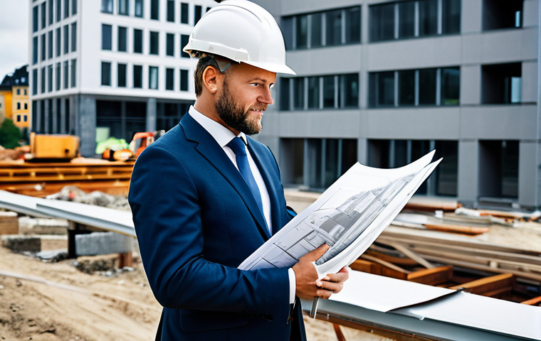 ** "A professional architect, fully clothed in modest business attire, reviewing blueprints at a construction site in Stockholm, Sweden. Modern building with clean lines in the background. Safe for work, appropriate content, perfect anatomy, natural proportions, family-friendly, professional photograph, high quality." **