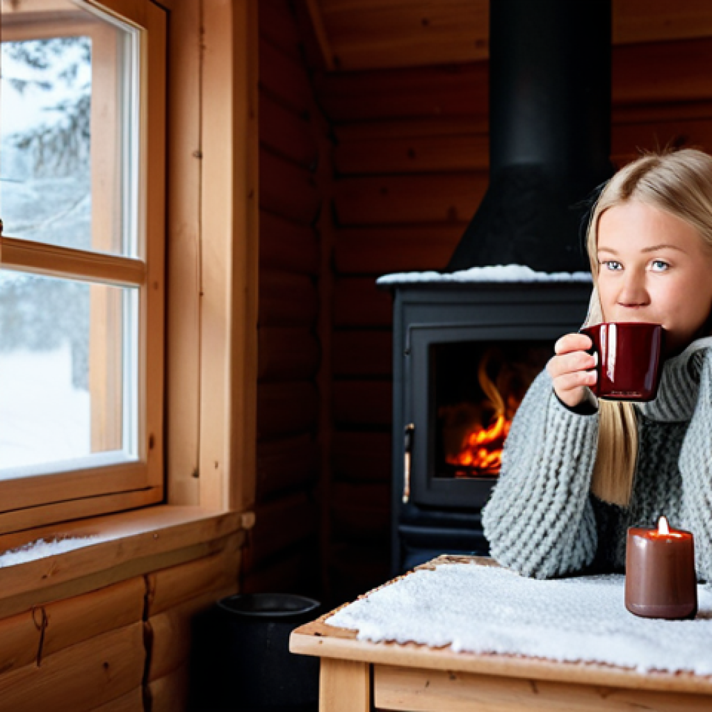 Cozy Swedish Winter Scene**
A young woman with blonde hair, wearing a thick, knitted wool sweater (a "kofta"), sitting by a window in a traditional red wooden Swedish cottage ("stuga"). Snow is falling softly outside. Inside, a warm fire is burning in a fireplace. She is drinking "glögg" (mulled wine) from a ceramic mug. Natural lighting, soft focus, Scandinavian design elements in the background (e.g., a simple wooden table, candles). Perfect anatomy, correct proportions, well-formed hands, proper finger count, natural pose. Fully clothed, modest clothing, appropriate attire, safe for work, professional, family-friendly.
**