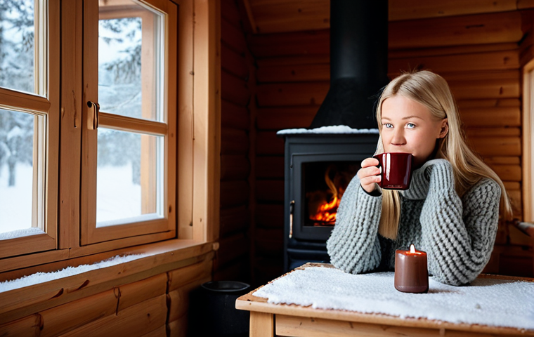 Cozy Swedish Winter Scene** A young woman with blonde hair, wearing a thick, knitted wool sweater (a "kofta"), sitting by a window in a traditional red wooden Swedish cottage ("stuga"). Snow is falling softly outside. Inside, a warm fire is burning in a fireplace. She is drinking "glögg" (mulled wine) from a ceramic mug. Natural lighting, soft focus, Scandinavian design elements in the background (e.g., a simple wooden table, candles). Perfect anatomy, correct proportions, well-formed hands, proper finger count, natural pose. Fully clothed, modest clothing, appropriate attire, safe for work, professional, family-friendly. **