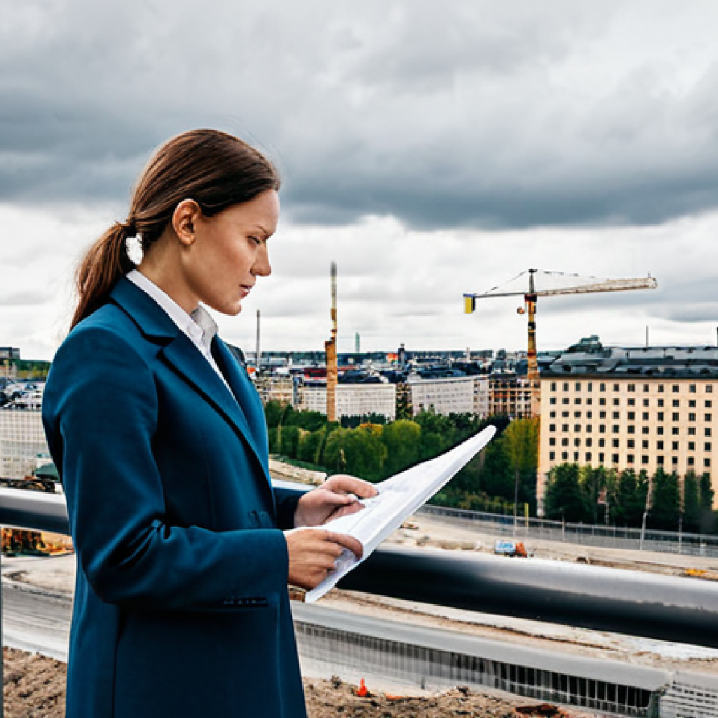 ** "A professional female architect, wearing a modest and stylish business outfit, reviewing blueprints on a construction site in Stockholm, Sweden. Modern buildings in the background, daytime, overcast sky. Fully clothed, appropriate attire, safe for work, perfect anatomy, correct proportions, natural pose, professional photography, high quality." **