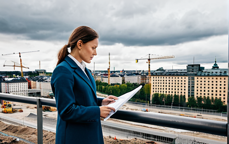 ** "A professional female architect, wearing a modest and stylish business outfit, reviewing blueprints on a construction site in Stockholm, Sweden. Modern buildings in the background, daytime, overcast sky. Fully clothed, appropriate attire, safe for work, perfect anatomy, correct proportions, natural pose, professional photography, high quality." **