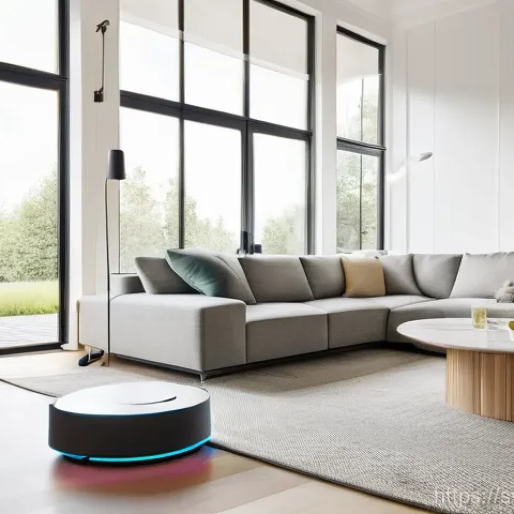 비전 기반 로봇의 경로 계획 기술 - **Prompt:** A sleek, modern household robot, with a friendly and minimalist design, gracefully navig...