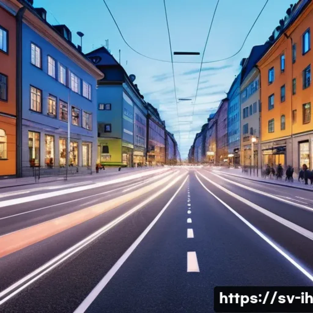 AI와 컴퓨터 비전의 미래 기술 전망 - A futuristic urban street scene in Stockholm at dusk, showcasing AI-powered traffic management with ...