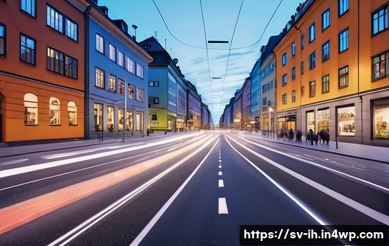 AI와 컴퓨터 비전의 미래 기술 전망 - A futuristic urban street scene in Stockholm at dusk, showcasing AI-powered traffic management with ...