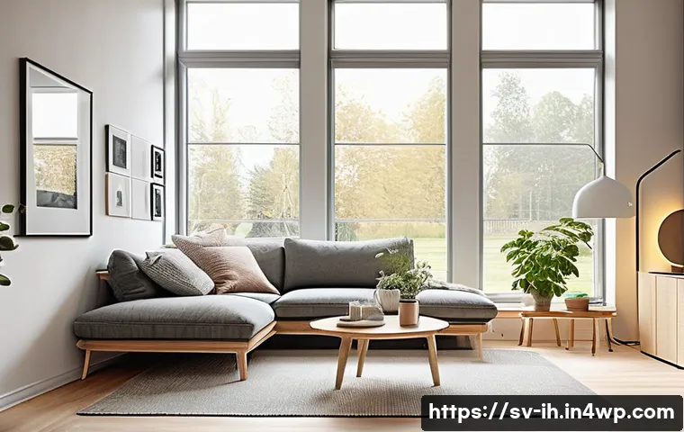인공지능과 컴퓨터 비전의 미래 전망 - A modern Swedish smart home interior during daytime, featuring sleek Scandinavian design with large ...