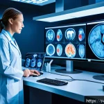 머신러닝 알고리즘을 활용한 이미지 분할 - A futuristic laboratory scene showing AI-powered medical image segmentation in action: a high-tech w...