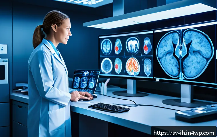 머신러닝 알고리즘을 활용한 이미지 분할 - A futuristic laboratory scene showing AI-powered medical image segmentation in action: a high-tech w...
