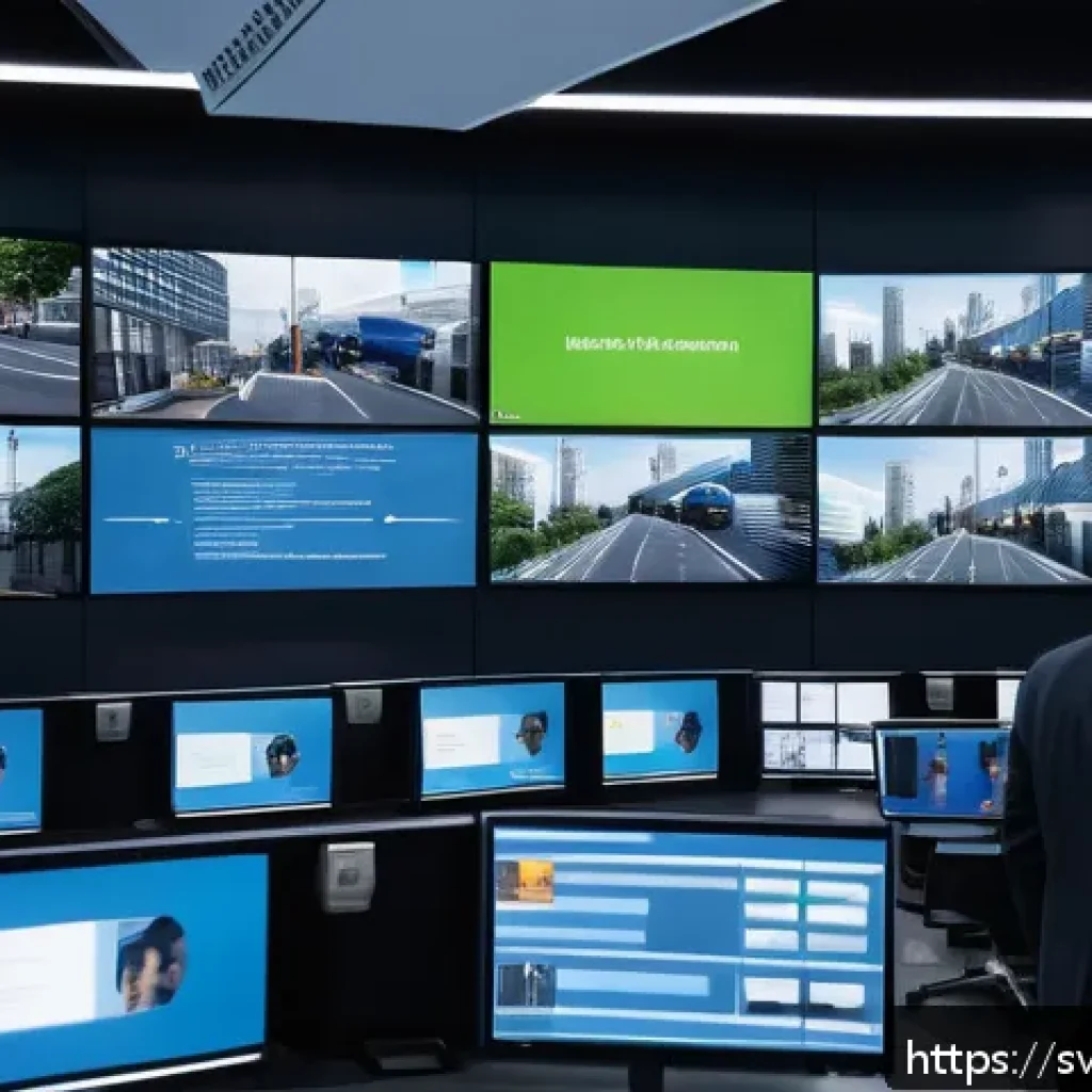 영상 데이터 분석을 위한 머신러닝 기법 - A modern urban security control room featuring multiple large high-resolution screens displaying rea...