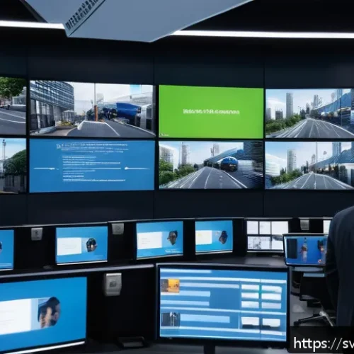 영상 데이터 분석을 위한 머신러닝 기법 - A modern urban security control room featuring multiple large high-resolution screens displaying rea...