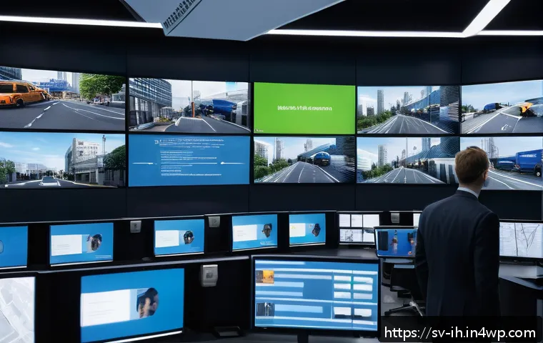 영상 데이터 분석을 위한 머신러닝 기법 - A modern urban security control room featuring multiple large high-resolution screens displaying rea...